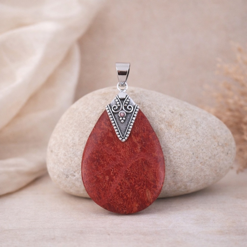Red Sponge Coral Teardrop Pendant in Sterling Silver